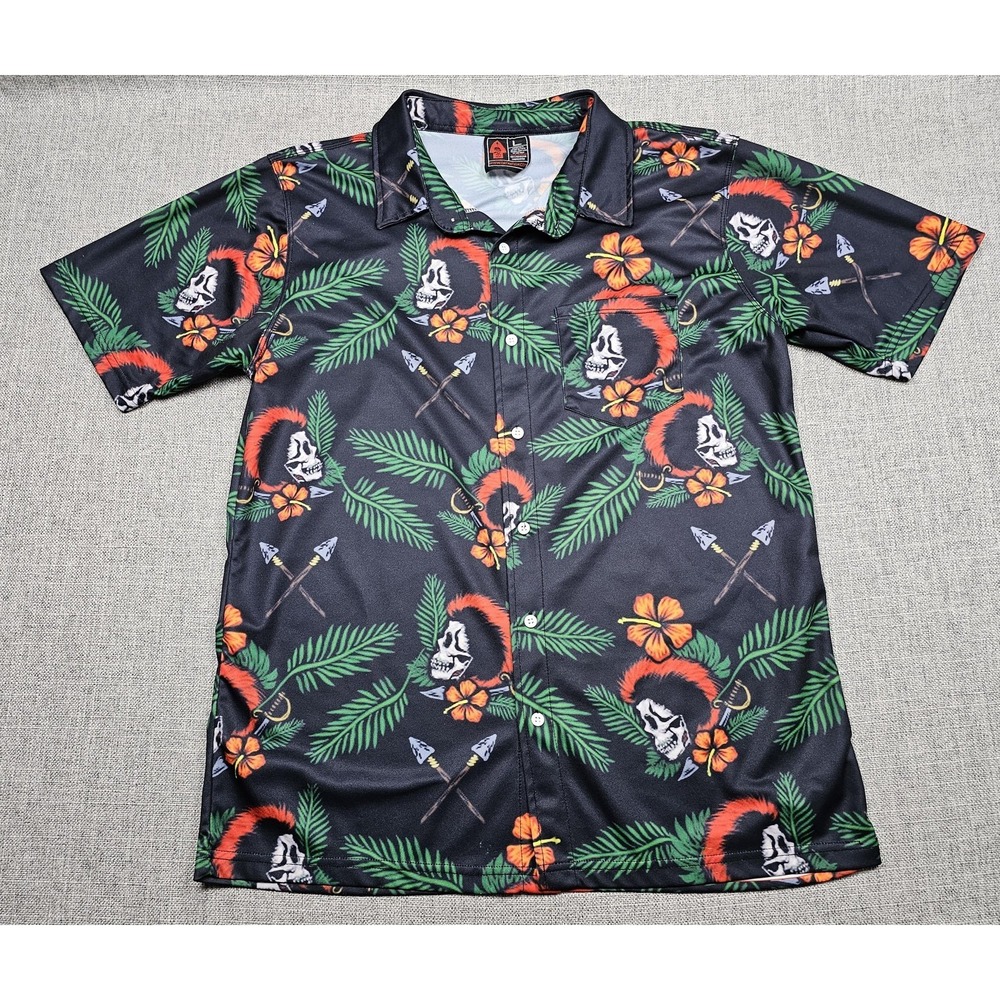 OAF Nation Shirt Mens Large Black Skull Hawaiian Aloha Tropical Button Front
